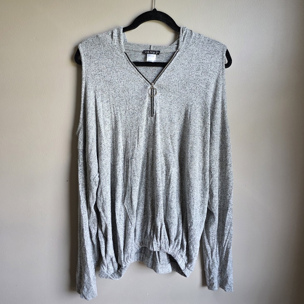 VENUS Heather Gray Hooded Cold Shoulder Long Sleeve Hoodie Blouse Size L